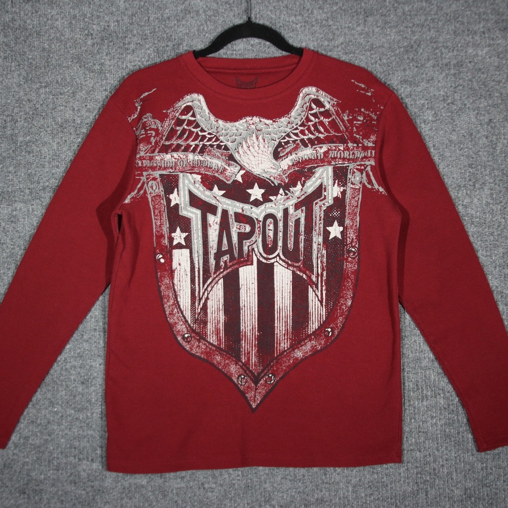 TAPOUT T Shirt‎ Kids XL Red Thermal Long Sleeve Grunge Goth USA Shield Patriotic